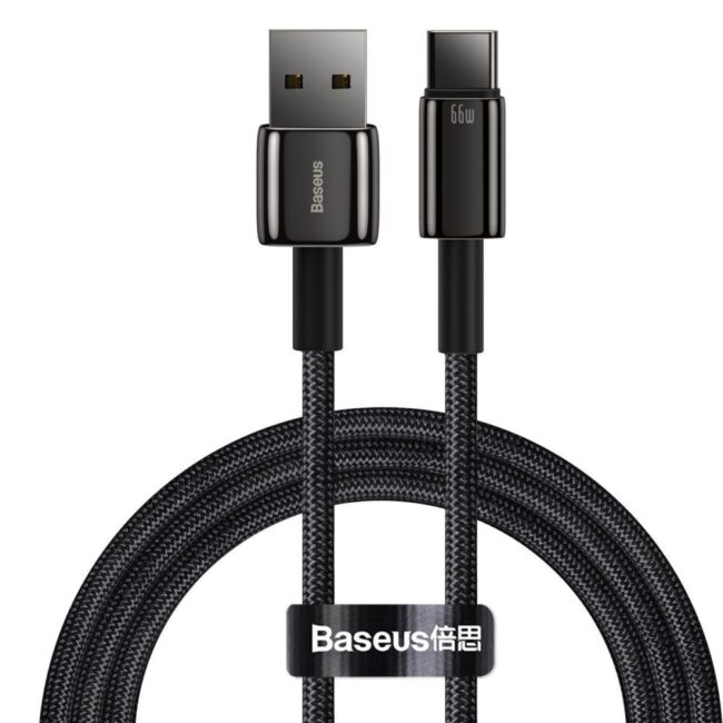 USB кабел Tungsten Gold, Baseus към Type-C, 66W, 1m (черен)