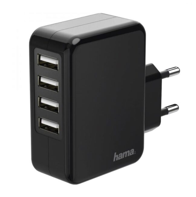 Адаптер/Зарядно за смартфон 220V HAMA, с 4 USB порта, 4.8 A, Черно