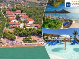 Оферта На първа линия през септември в Hotel Portes Beach****, Неа Потидея, Гърция! Нощувка за ДВАМА със закуска и вечеря + басейни. Дете до 12г. безплатно!